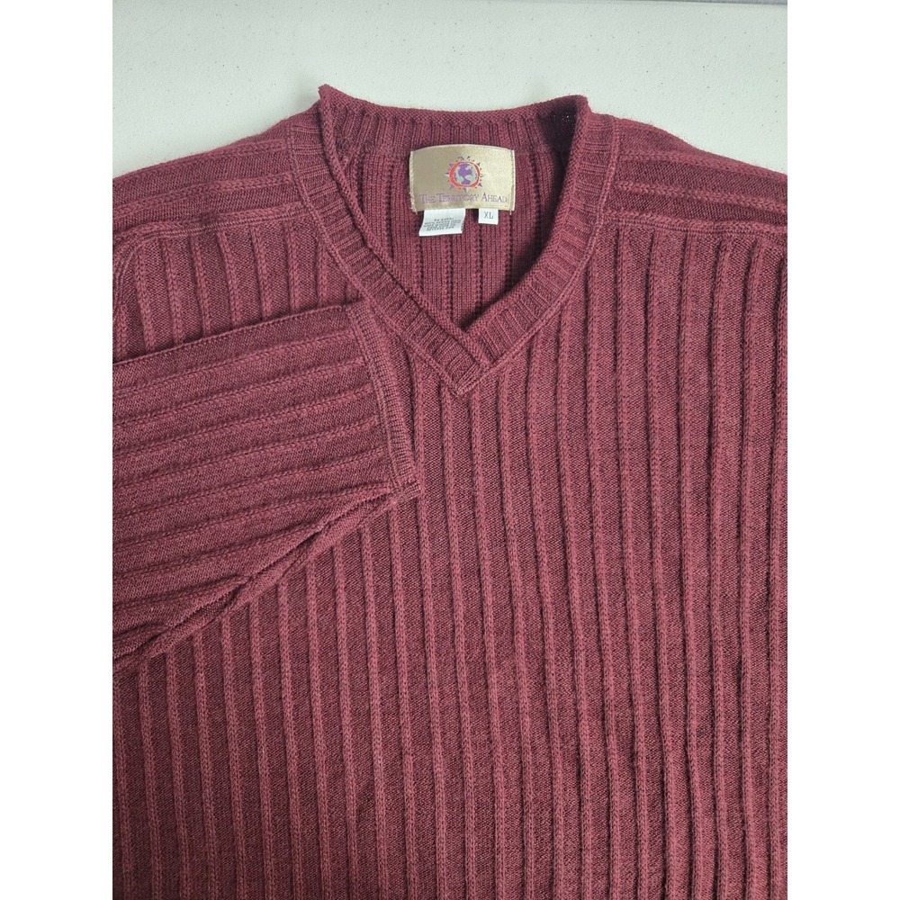 The Territory Ahead Men's VTG XL Maroon Merino Wool V-Neck Ribbed‎ Knit Sweater